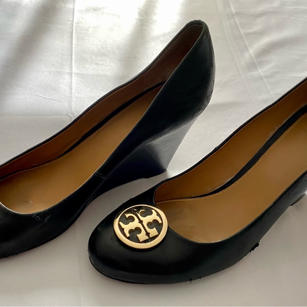 Tory Burch Black and Gold Wedge Shoes